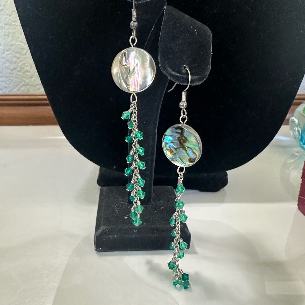 Mermaid earrings Abalone and Green crystals Dangle Earrings nwot